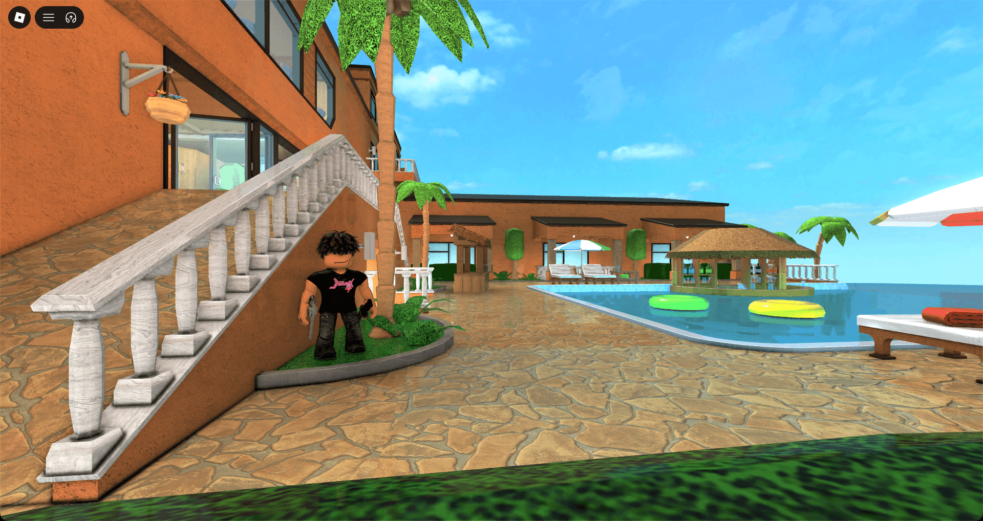 Roblox scene with PrismShade on: deeper shadows, reflective water, warmer light